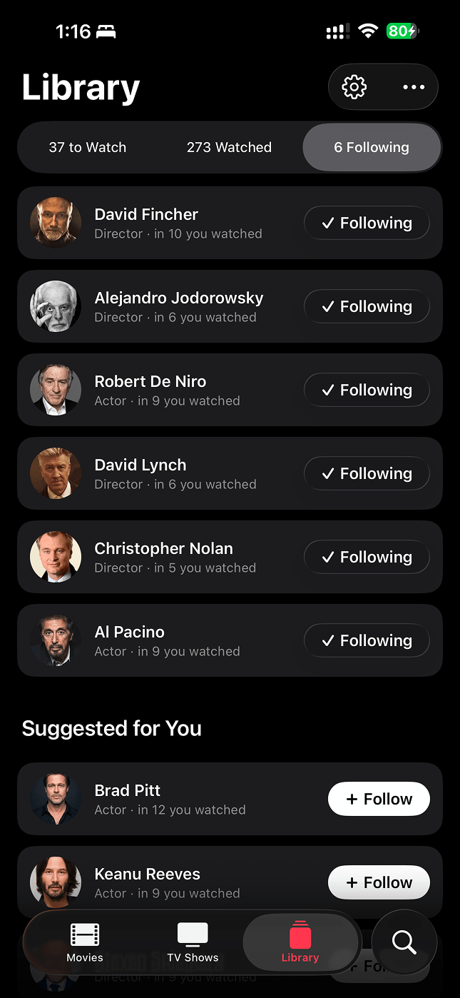 Cue’s Following screen listing directors and actors you follow, with suggestions for more
